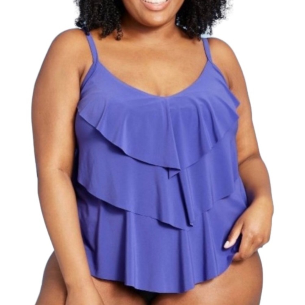Aqua Green Tiered Ruffle Beach Swim Tank Top Purple L